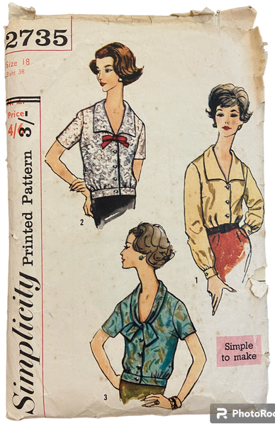 Simplicity 2735 vintage 1950s blouse sewing pattern Bust 38 inches