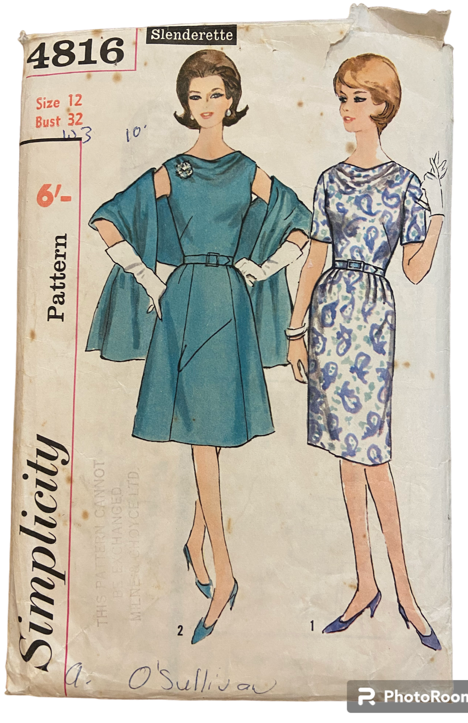 Simplicity 4816 vintage 1960s dress with two skirts and stole sewing pattern. Bust 32 inches