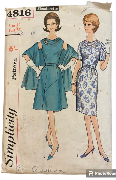 Simplicity 4816 vintage 1960s dress with two skirts and stole sewing pattern. Bust 32 inches