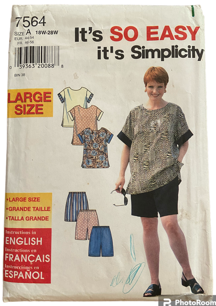 Simplicity 7564 vintage 1990s women's top and shorts sewing pattern. Bust 40-50 inches
