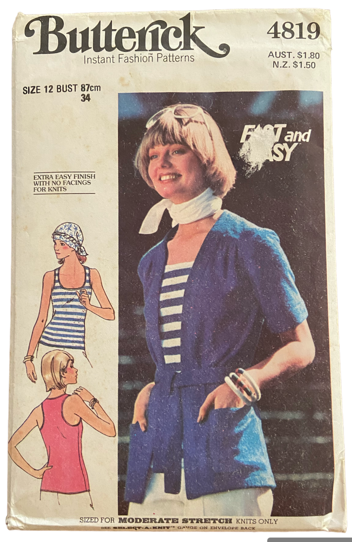Butterick 4819 1970s cardigan, belt  and top sewing pattern Bust 34 inches