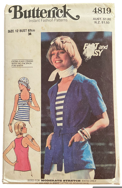 Butterick 4819 1970s cardigan, belt  and top sewing pattern Bust 34 inches