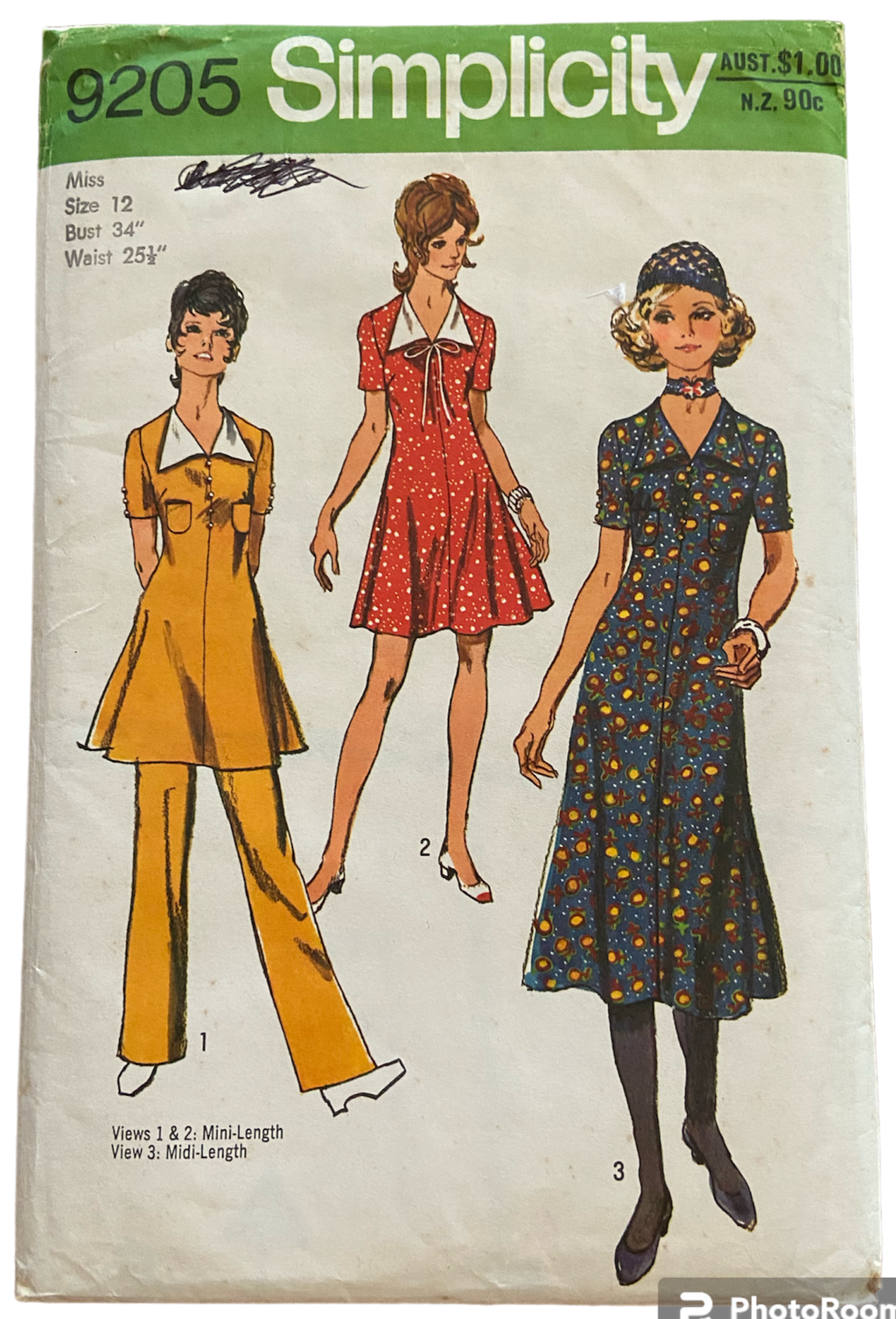 Simplicity 9205 vintage 1970s dress and pants sewing pattern. Bust 34 inches