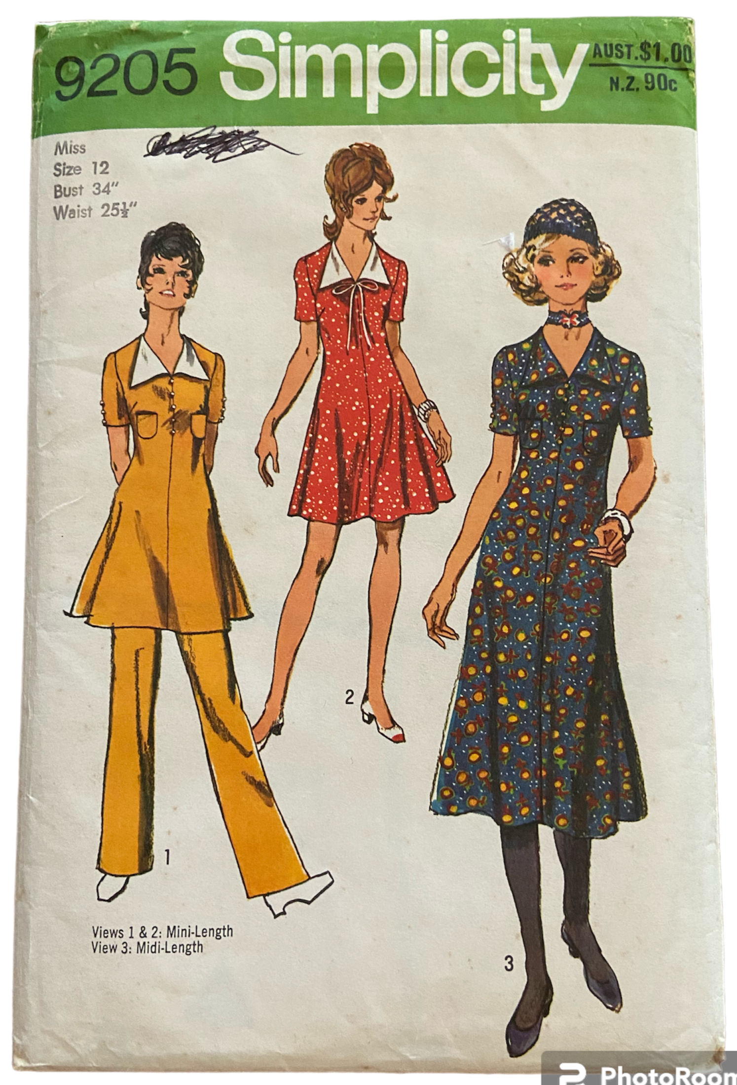 Simplicity 9205 vintage 1970s dress and pants sewing pattern. Bust 34 inches