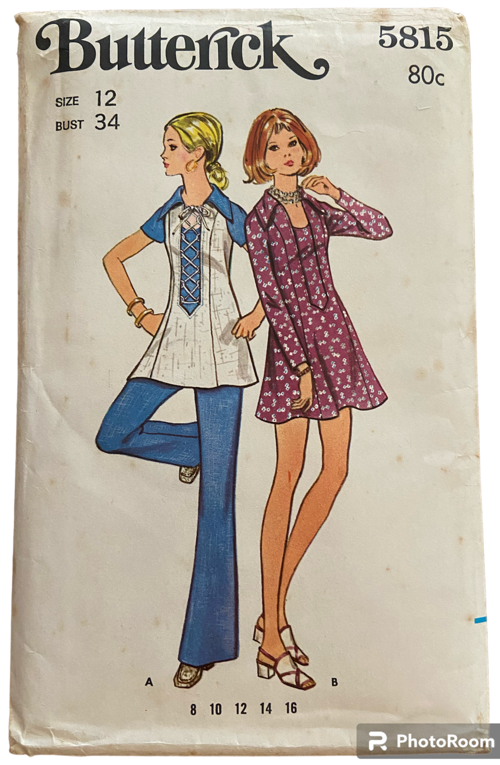 Butterick 5815 vintage 1970s dress and pantssewing pattern. Bust 34 inches