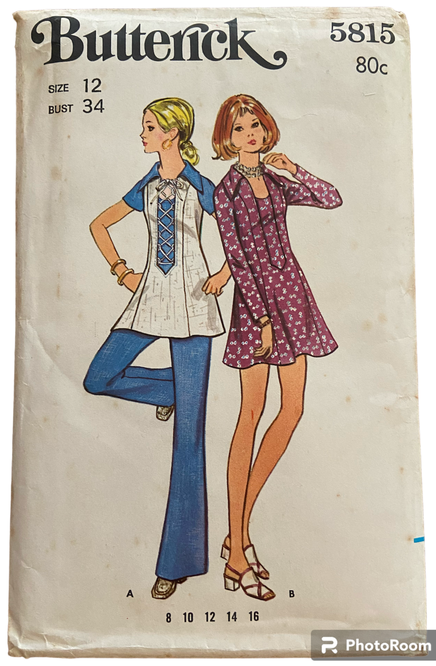 Butterick 5815 vintage 1970s dress and pantssewing pattern. Bust 34 inches