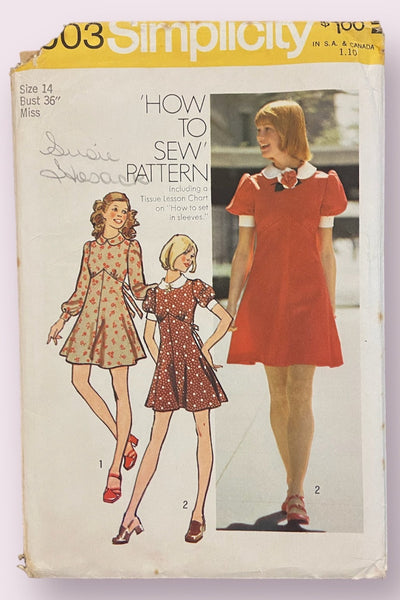 Simplicity 5903 vintage 1970s dress sewing pattern Bust 36 inches