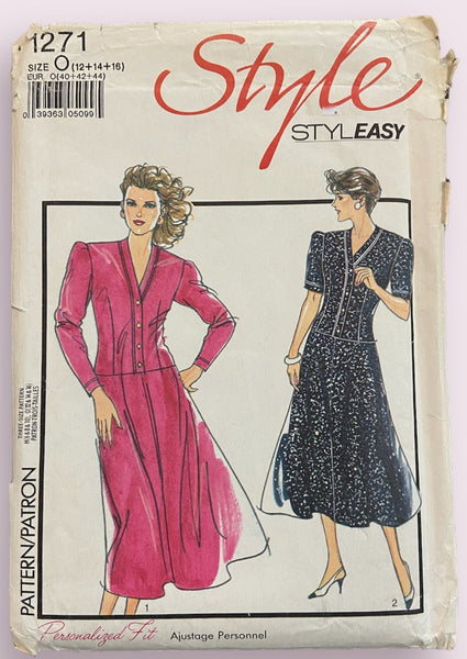 Style 1271 vintage 1980s dress pattern. Bust 34, 36, 38 inches