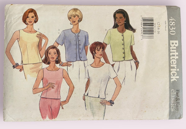 Butterick 4830 vintage 1990s tops sewing pattern Bust 34, 36, 38 inches