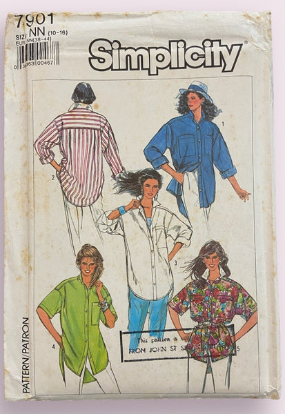 Simplicity 7901 vintage 1980s shirt sewing pattern Bust 32.5, 34, 36, 38, 40 inches