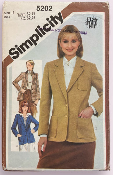 Simplicity 5202 vintage 1980s lined blazer sewing pattern Bust or chest 38 inches
