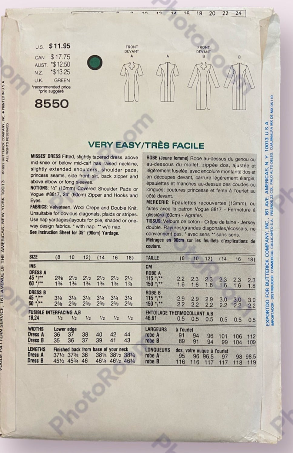 Vogue 8550 vintage 1990s dress sewing pattern Bust 36. 38. 40 inches