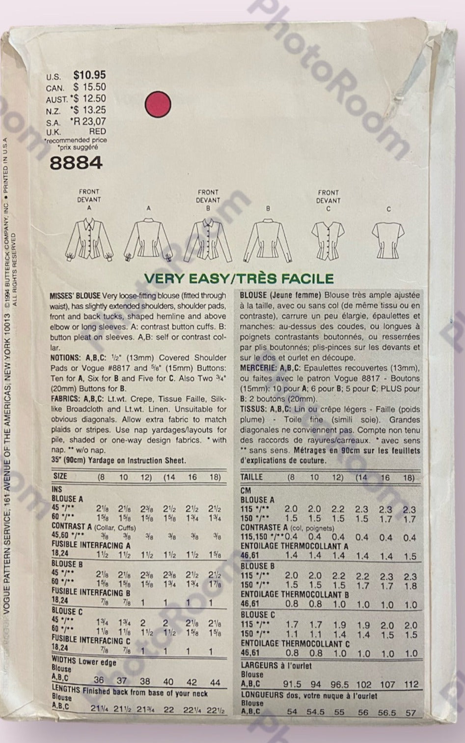 Vogue 8884 vintage 1980s blouse sewing pattern Bust 36. 38. 40 inches