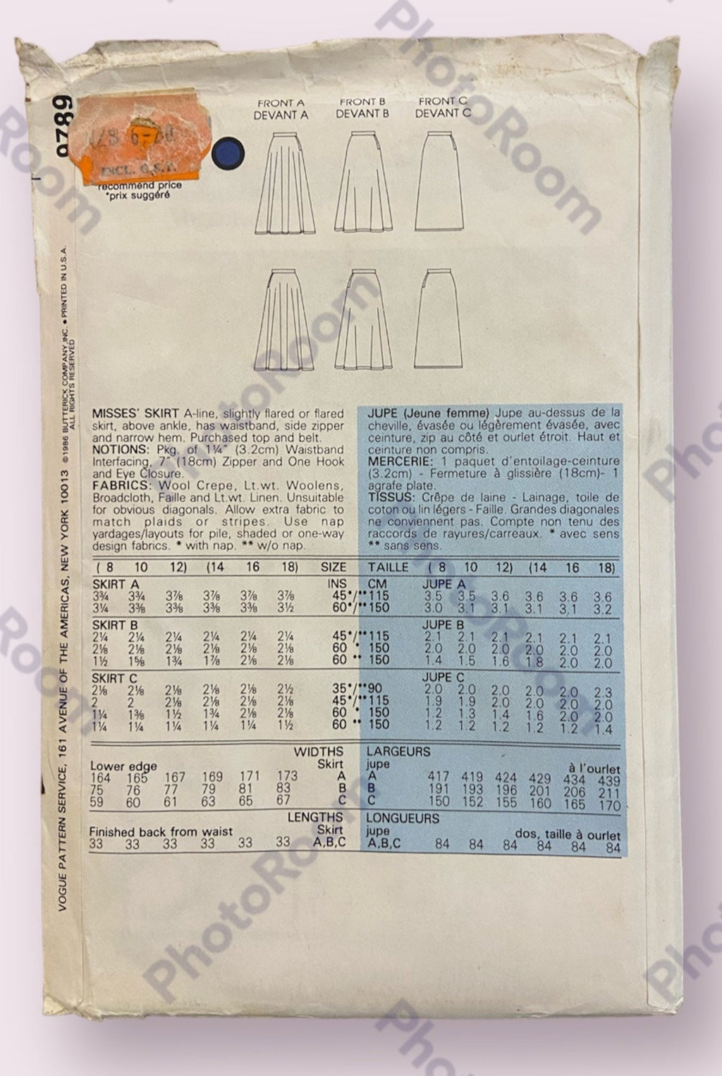 Vogue 9789 vintage 1980s skirt sewing pattern Waist 28, 30, 32 inches