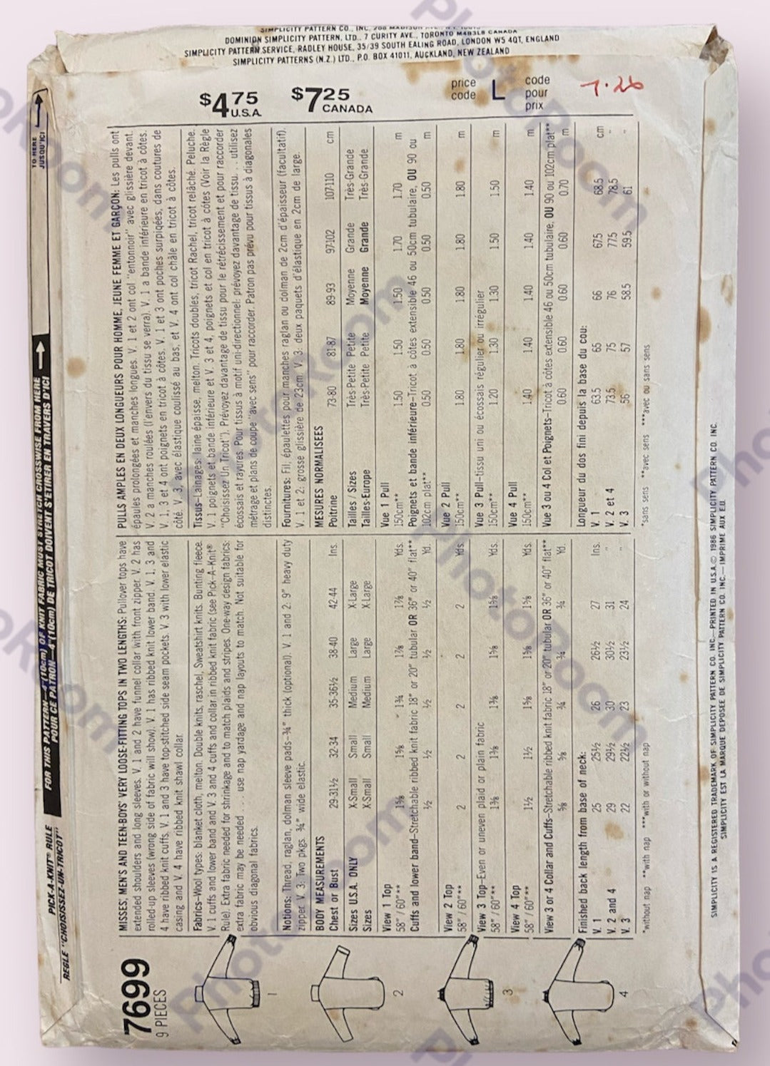 Simplicity 7699 vintage 1980s misses, men's and teen boy's tops sewing pattern Bust or chest 35 - 36.5 inches