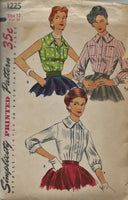 Simplicity 1225 vintage 1950s blouse sewing pattern Bust 36 inches