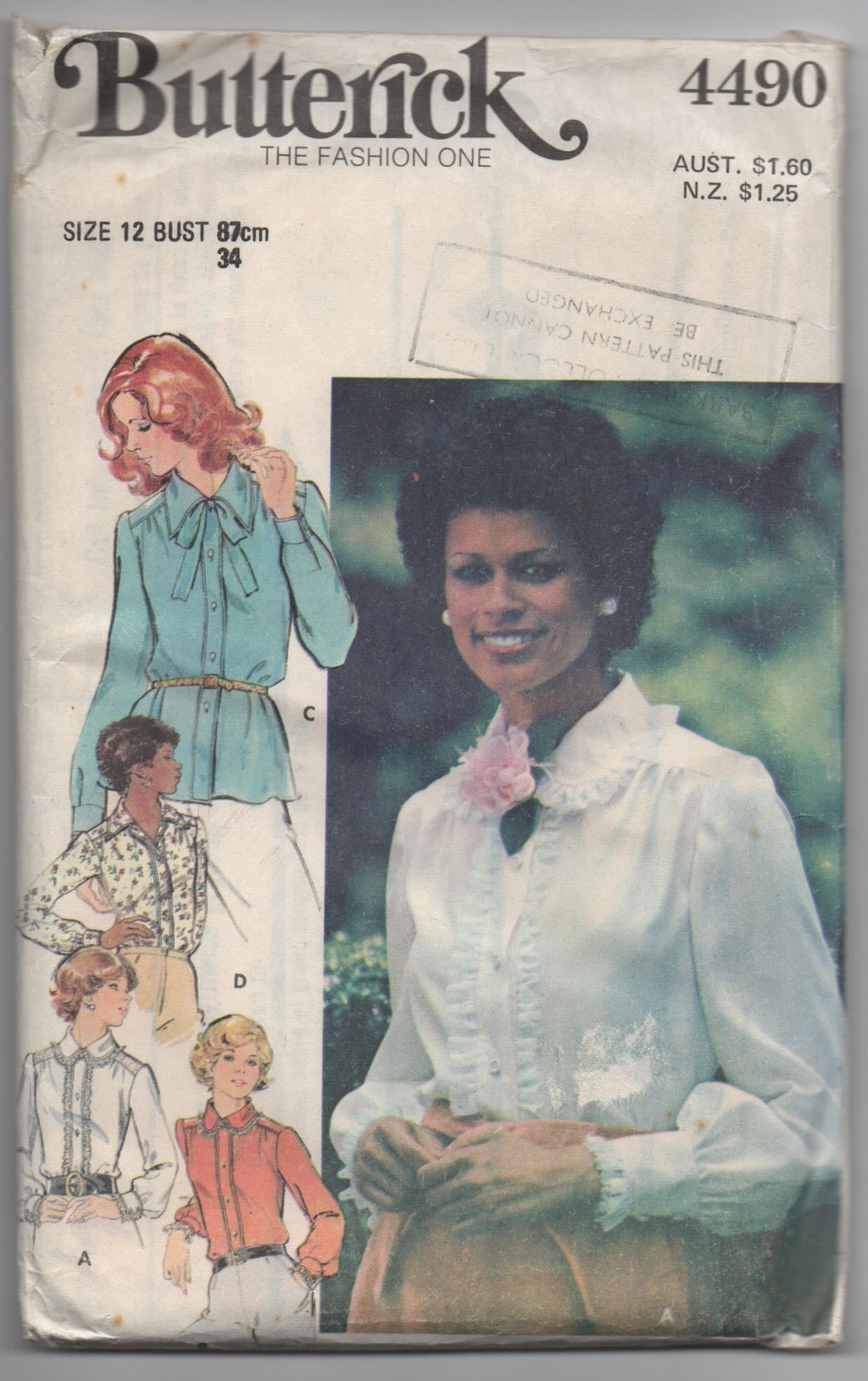Butterick 4490 vintage 1970s blouse sewing pattern. Bust 36