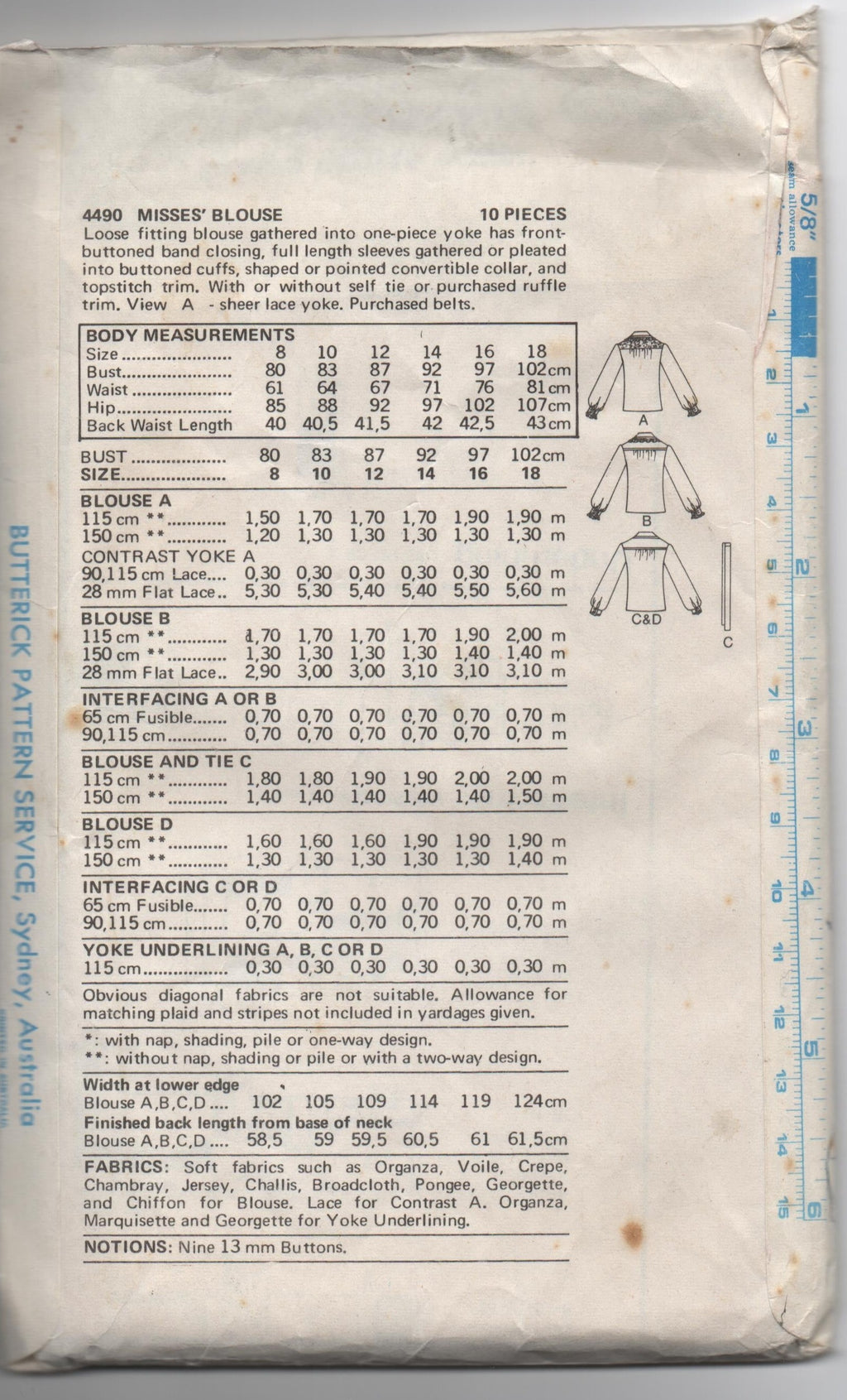 Butterick 4490 vintage 1970s blouse sewing pattern. Bust 36