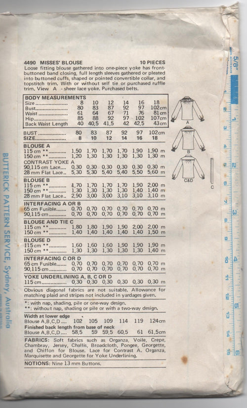 Butterick 4490 vintage 1970s blouse sewing pattern. Bust 36