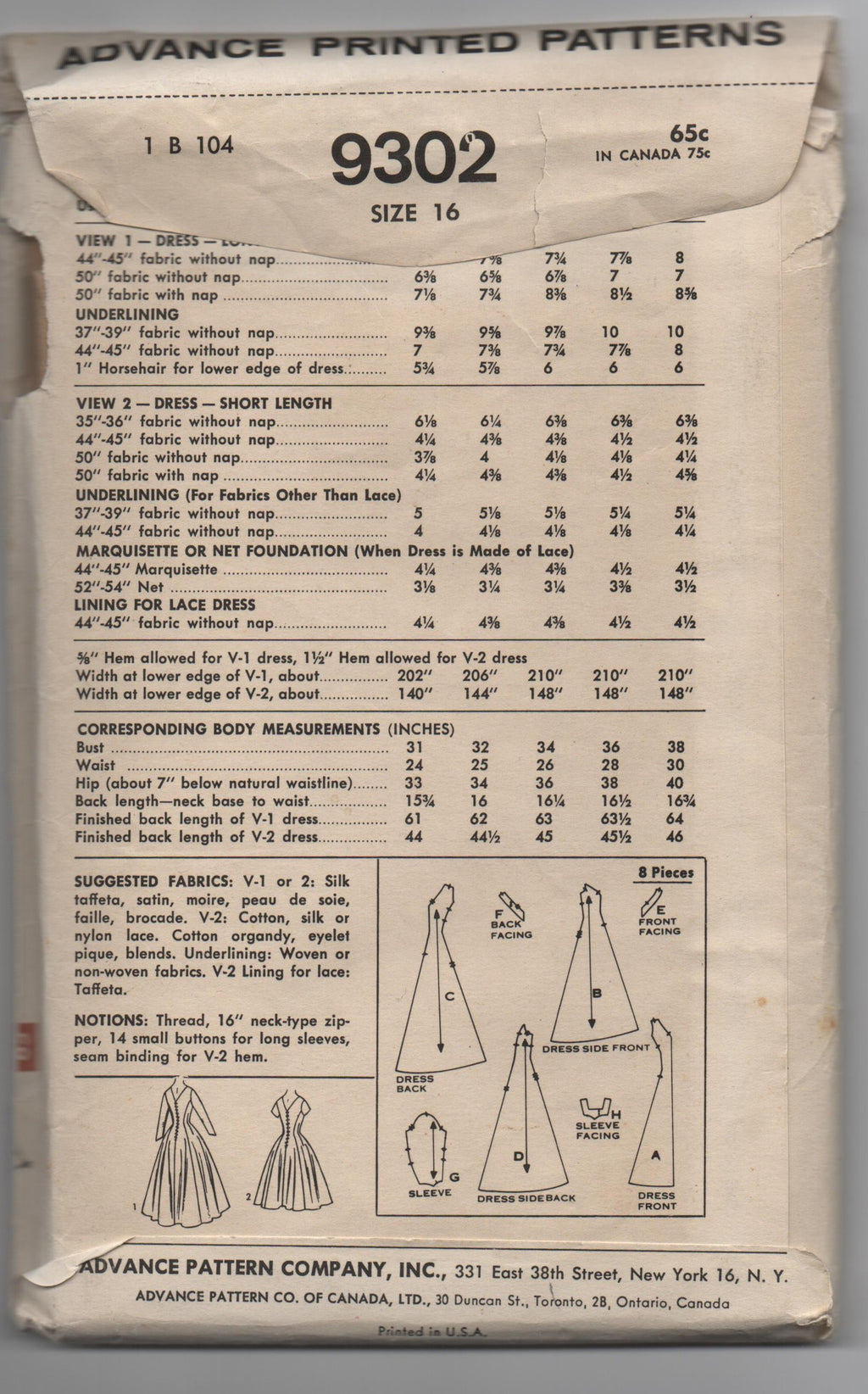 Advance 9302 vintage 1960s wedding dress pattern Bust 36