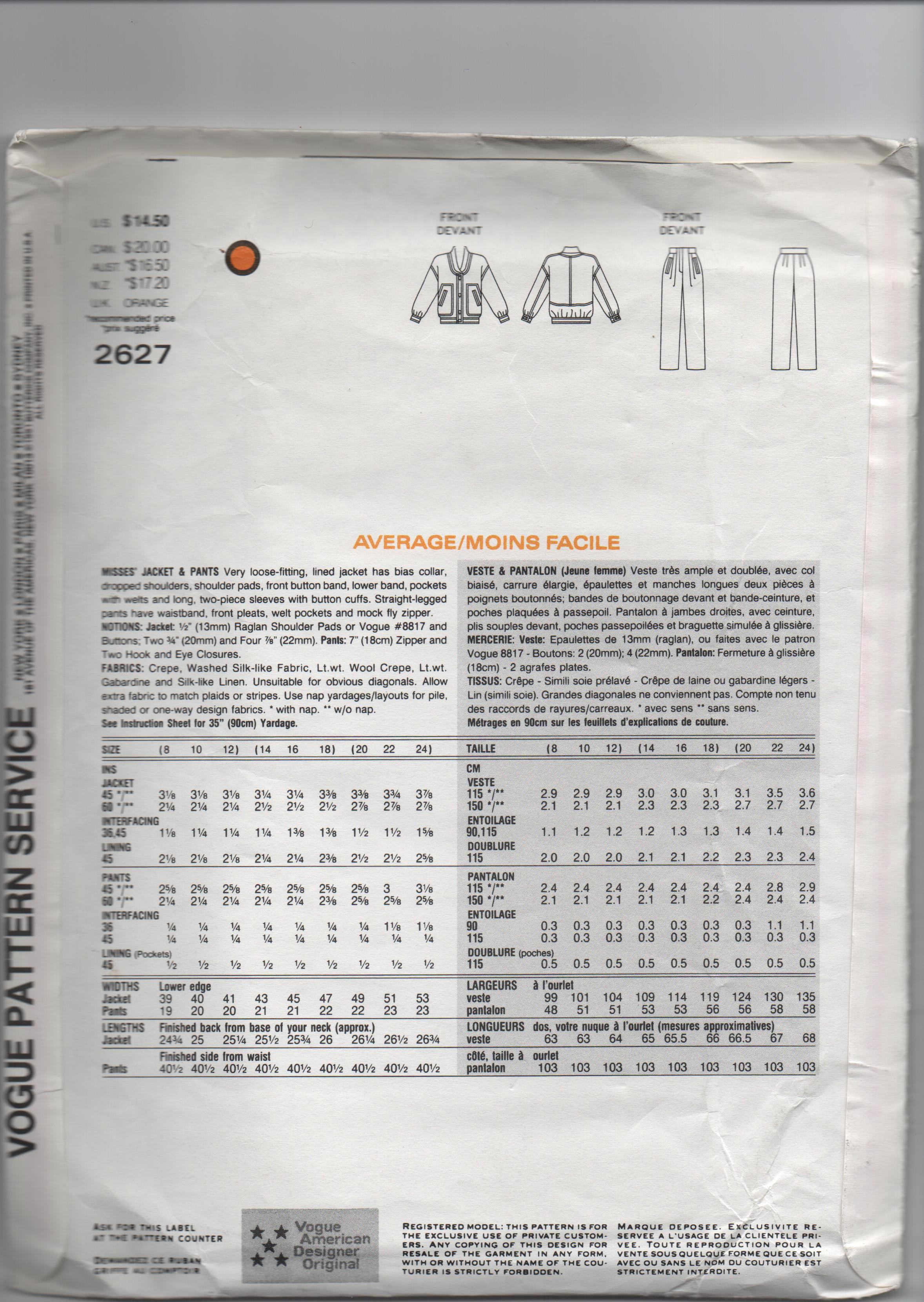 Vogue 2627. Vintage 1980s sewing pattern. Vogue Attitudes Designer Carmelo Pomodoro. Bust 31 1/2, 32 1/2, 34 inches