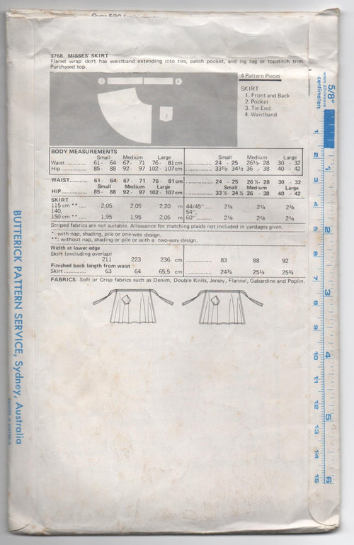 Butterick 3768 vintage 1970s wrap skirt pattern Waist 24-25 inches