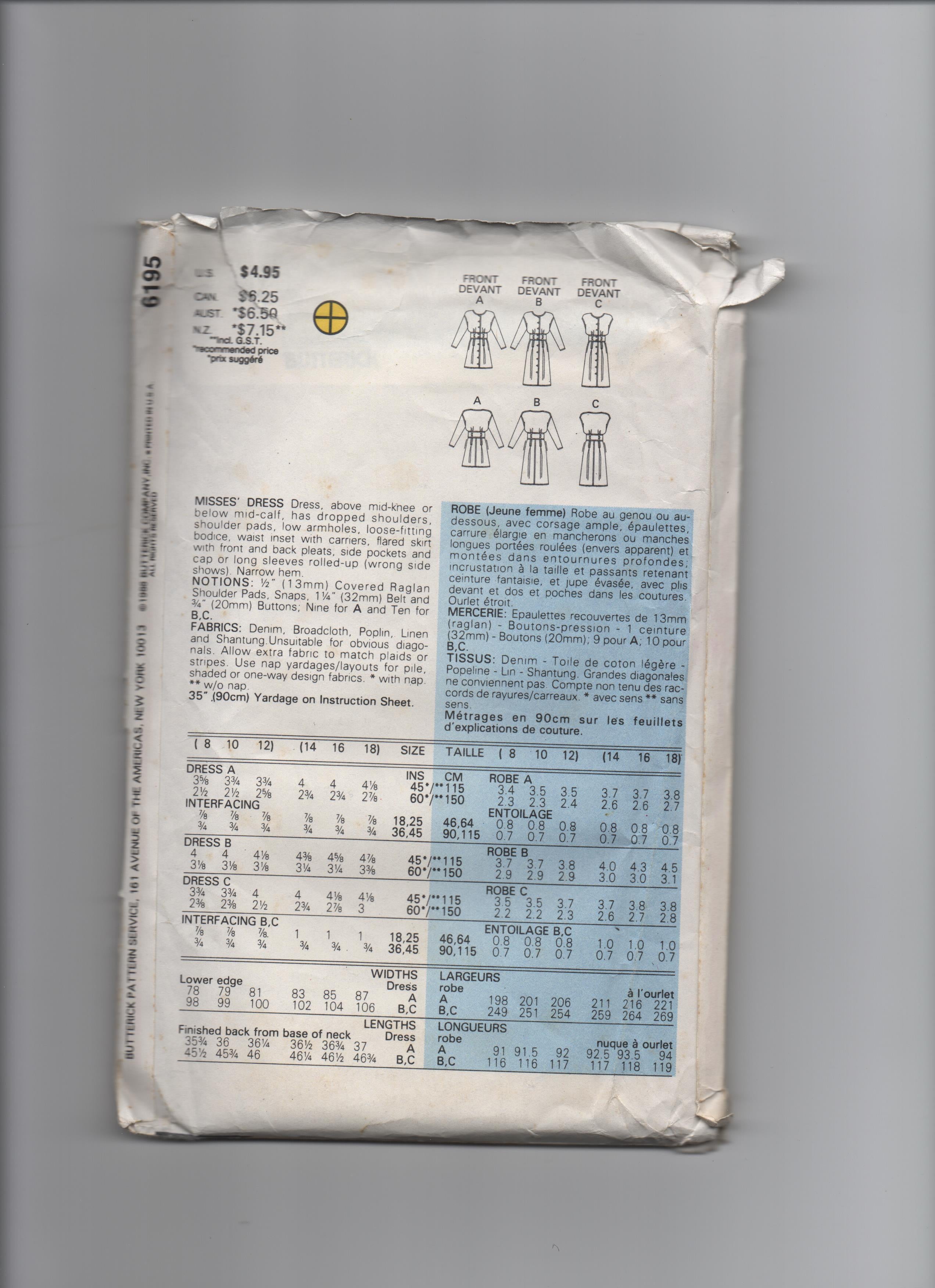 Butterick 6195 Vintage 1980s dress pattern