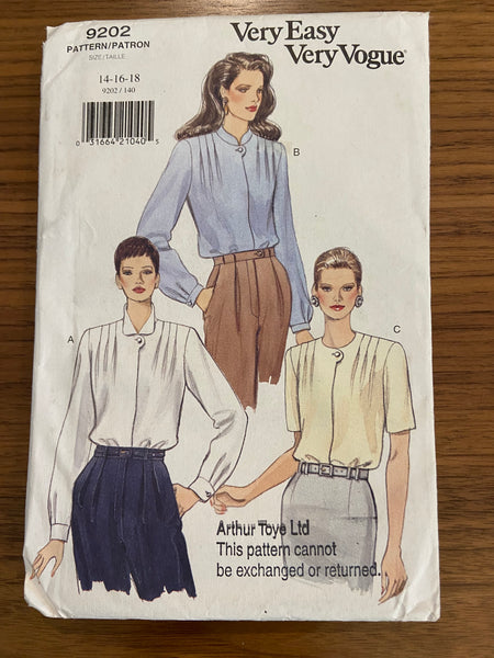 Vogue 9202 vintage 1990s blouse sewing pattern Bust 36, 38, 40 inches