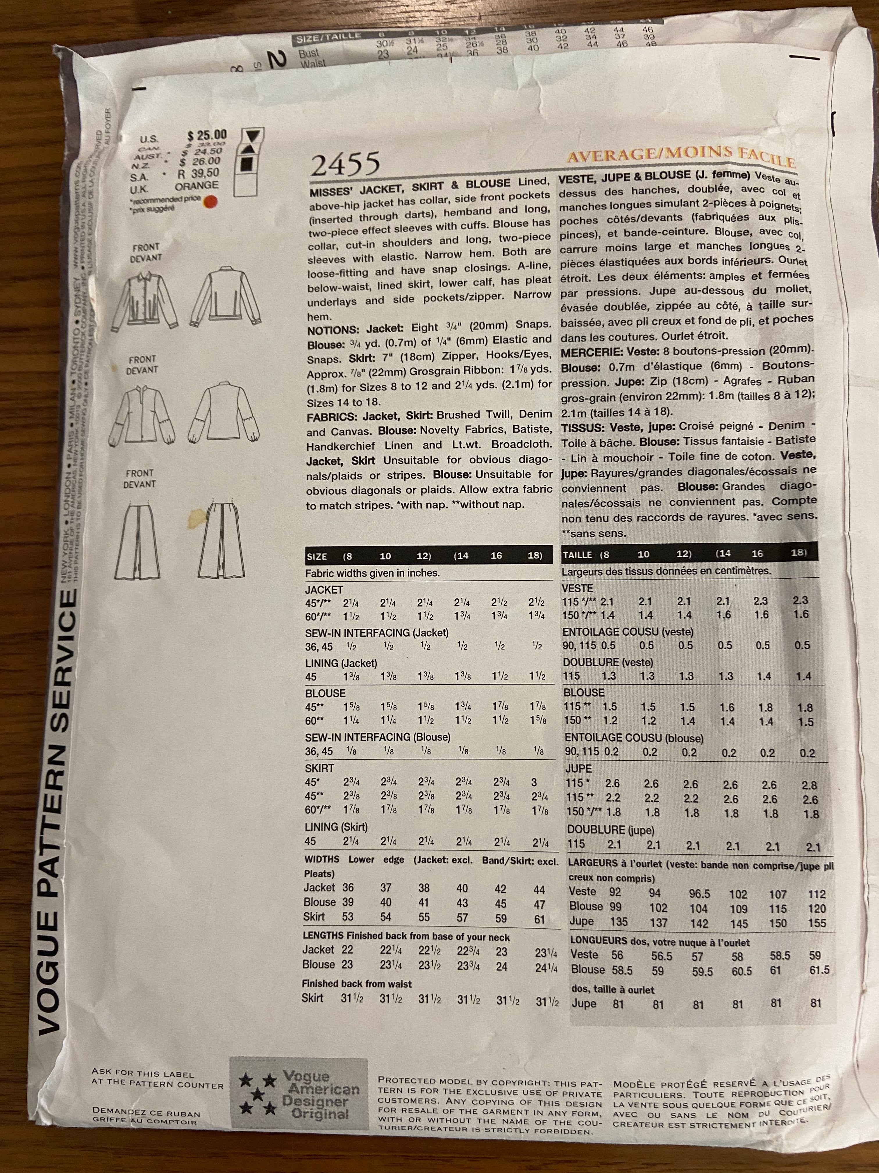 Vogue 2455 designer Marc Jacobs Vogue American Designer Jacket, skirt and blouse sewing pattern Bust 31 1/2, 32 1/2, 34 inches