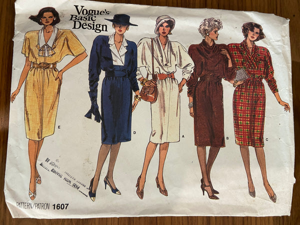 Vogue 1607 vintage 1980s  dress sewing pattern Bust 31 1/2, 32 1/2, 34 inches