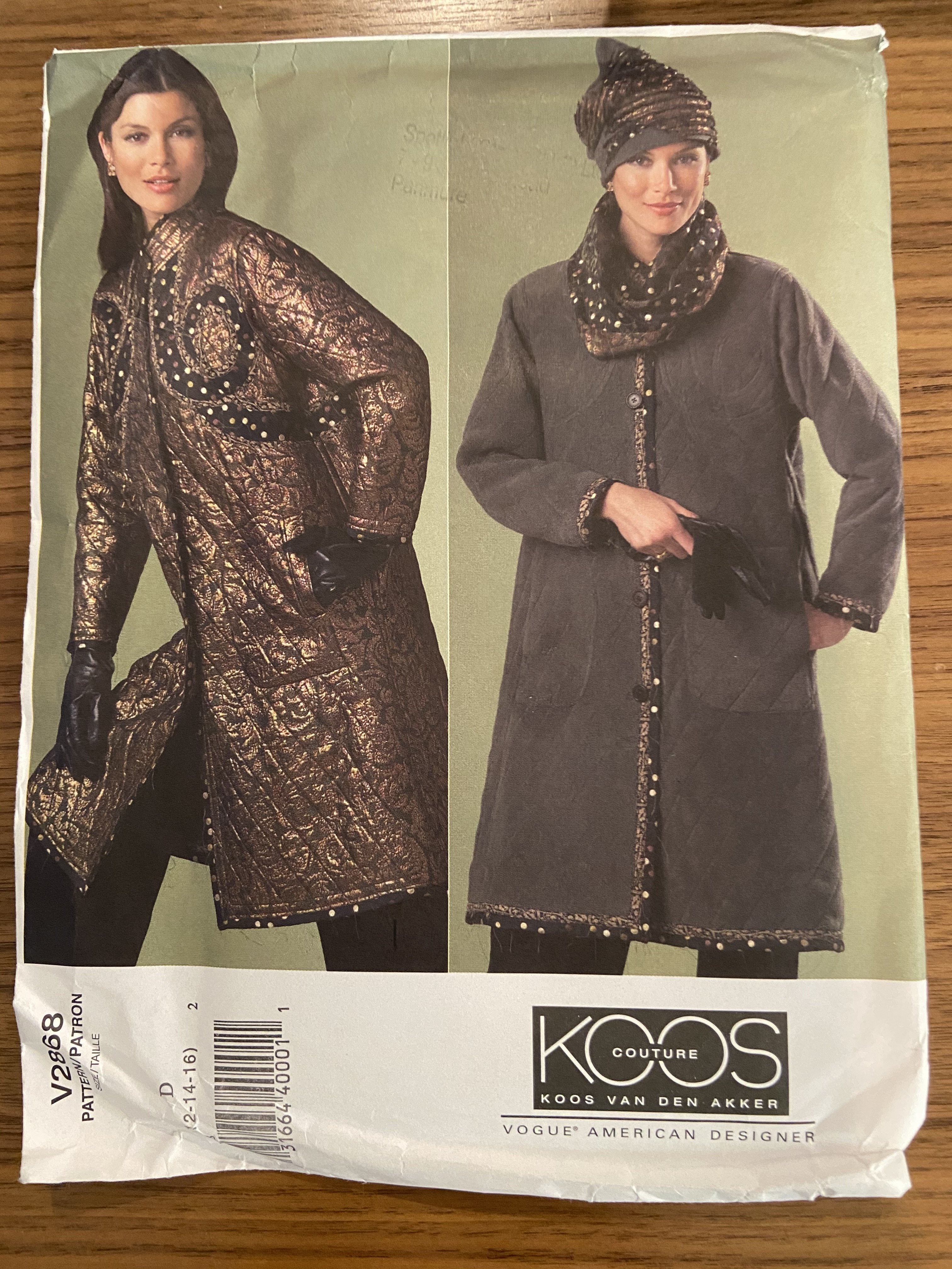 Vogue V2868 Vogue American Designer Koos Van Den Akker coat, hat and scarf sewing pattern Bust 34, 36, 38 inches