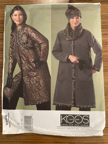 Vogue V2868 Vogue American Designer Koos Van Den Akker coat, hat and scarf sewing pattern Bust 36, 38, 40 inches