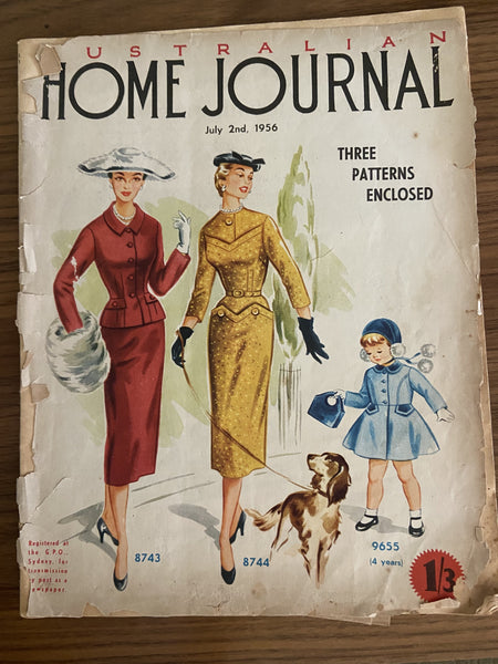 Australian home journal June 1956 with three sewing patterns, unused, factory folded two dresses and a girl's coat