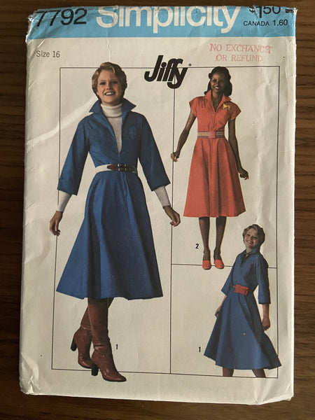 Simplicity 7792 vintage 1970s jiffy dress pattern Bust 38 inches