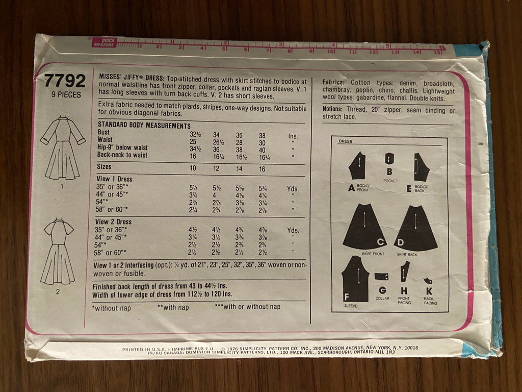 Simplicity 7792 vintage 1970s jiffy dress pattern Bust 38 inches