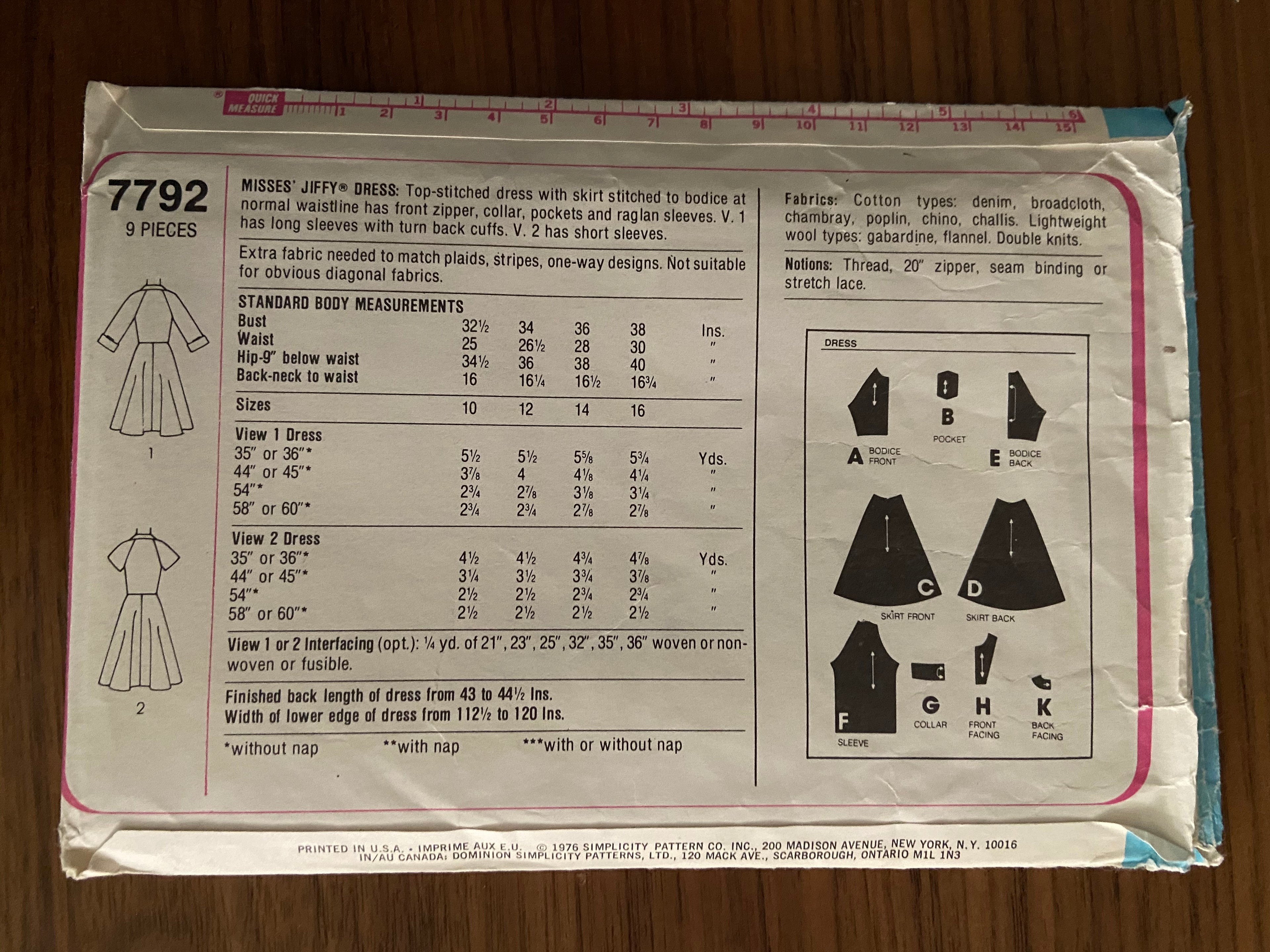 Simplicity 7792 vintage 1970s jiffy dress pattern Bust 38 inches