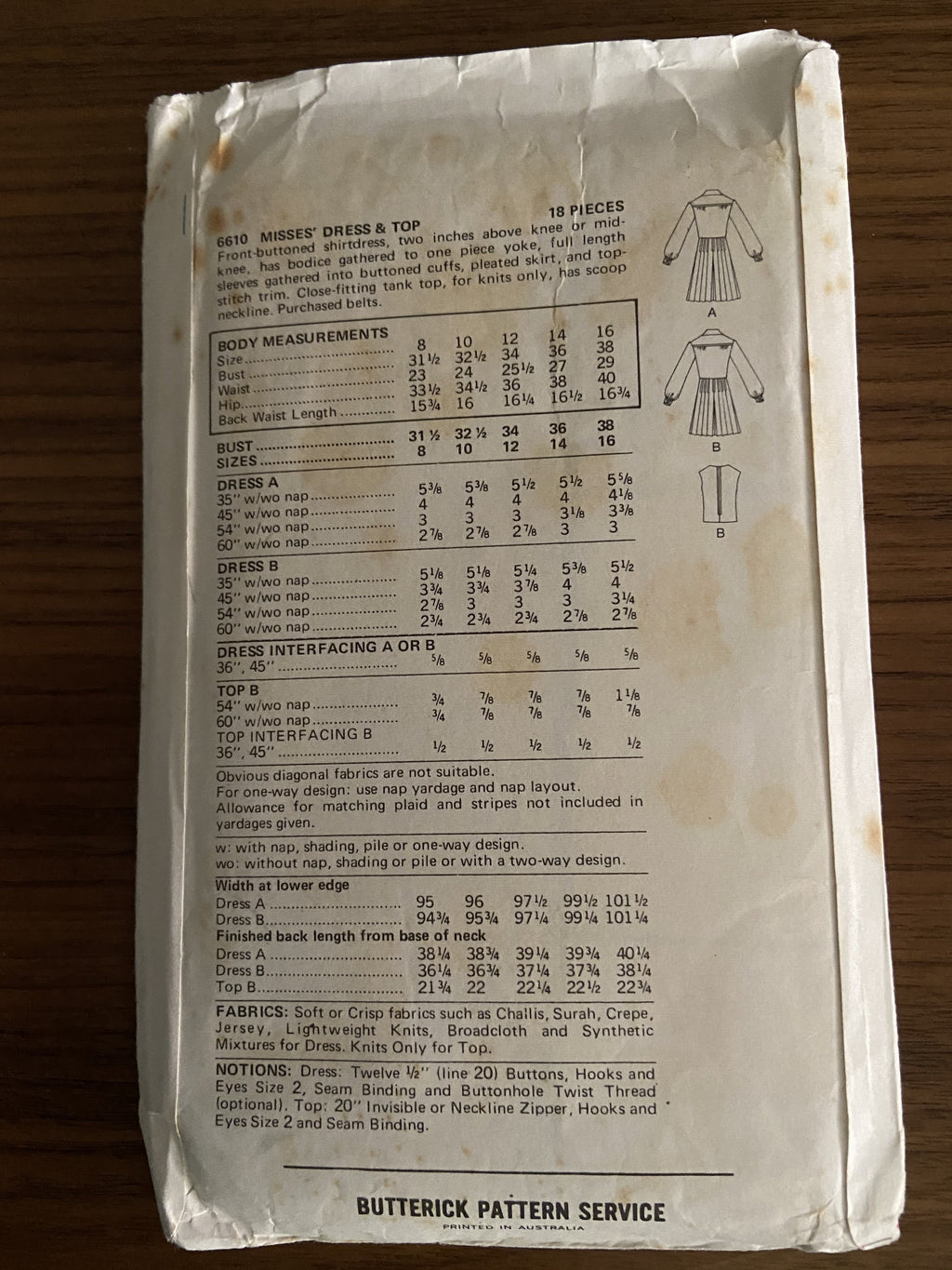Butterick 6610 vintage 1970s  dress pattern