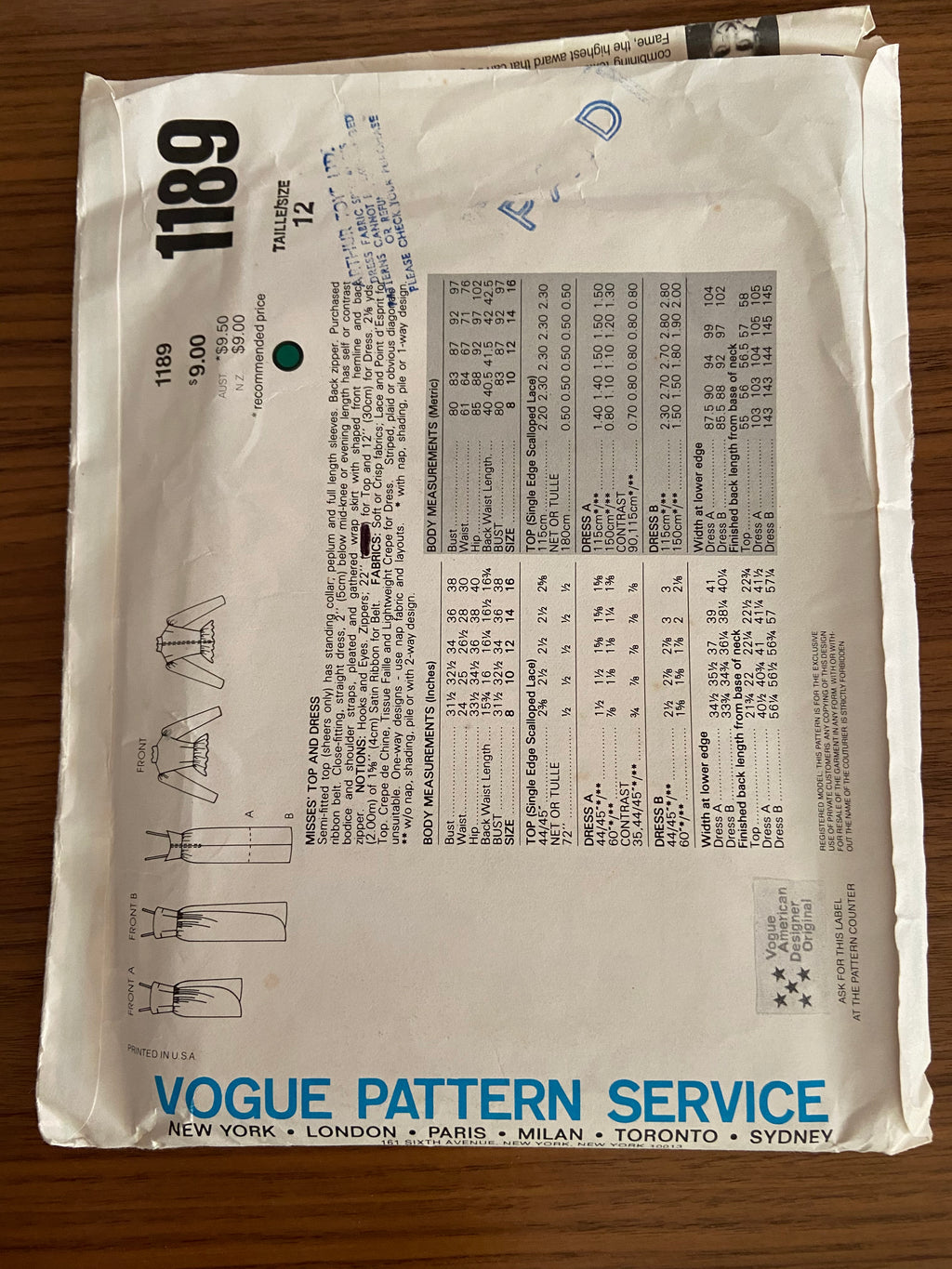 Vogue 1189 vintage sewing pattern American Designer 1980; Kaspar Bust 34 inches