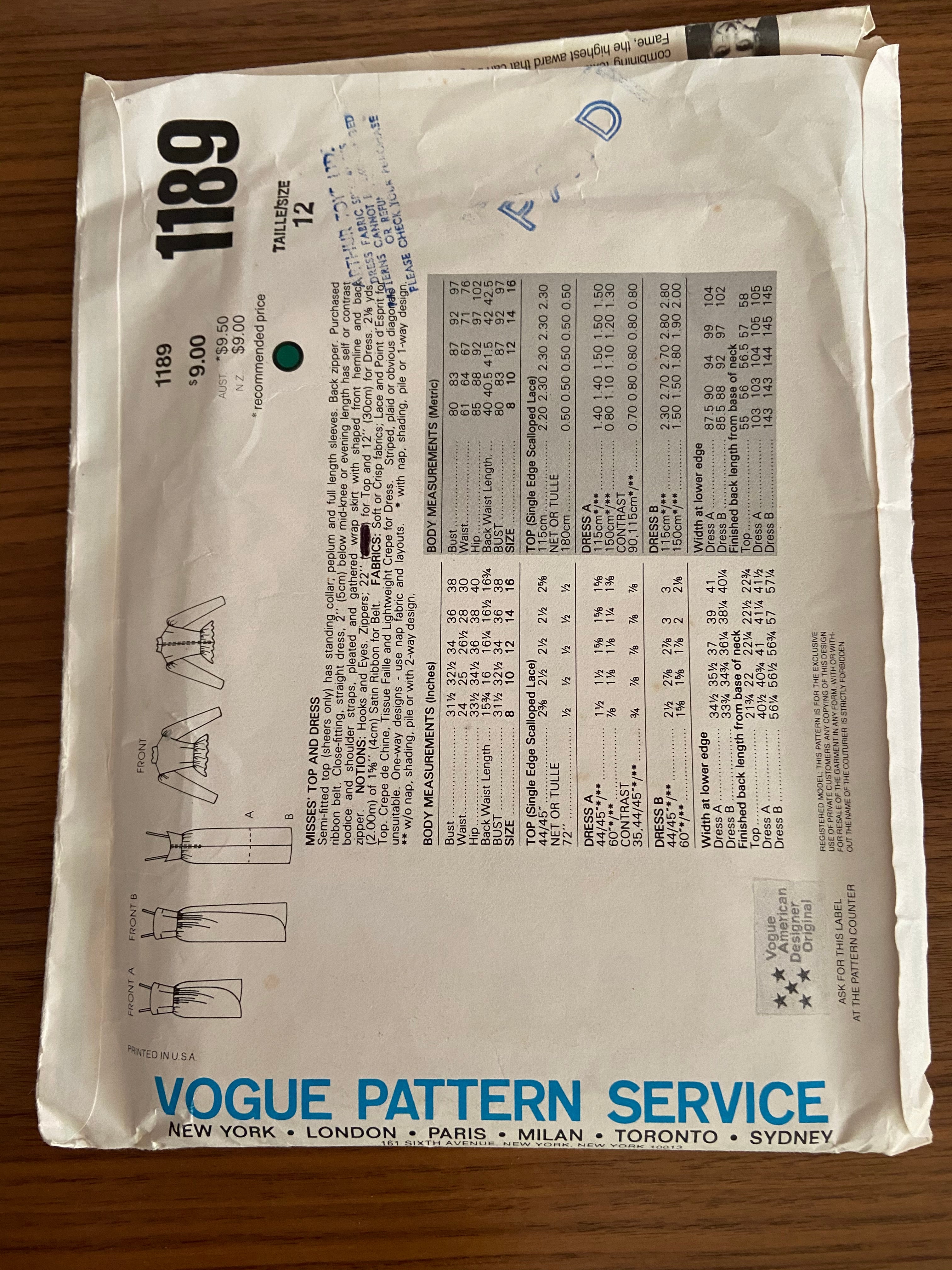 Vogue 1189 vintage sewing pattern American Designer 1980; Kaspar Bust 34 inches