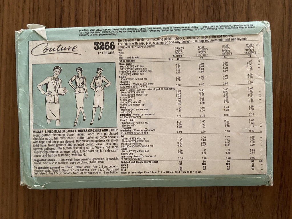 Style 3266 vintage 1980s lined blazer, dress or shirt and skirt sewing pattern Bust 36 inches