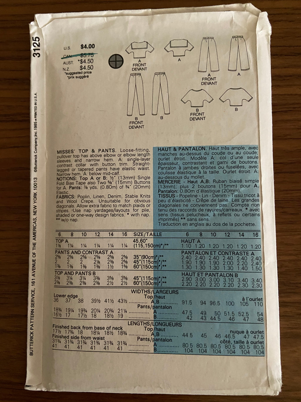 Butterick 3125 vintage 1980s top and pants sewing pattern