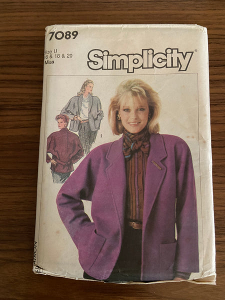 Simplicity 7089 vintage 1980s jacket sewing pattern Bust 38-40-42 inches