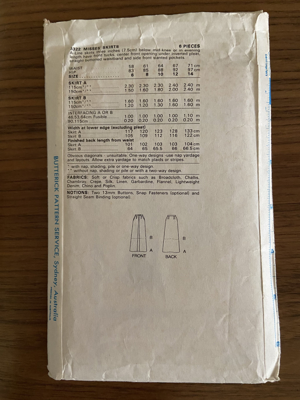 Butterick 3322 vintage 1980s skirt sewing pattern