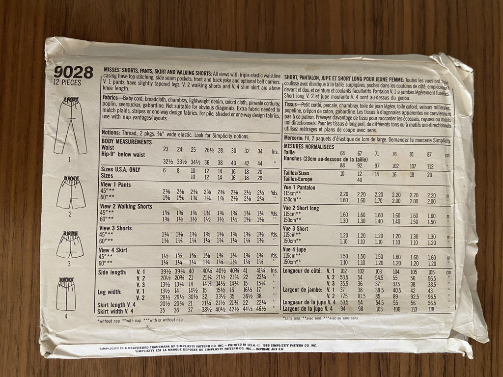 Simplicity 9028 vintage 1980s skirt, pants and shorts sewing pattern