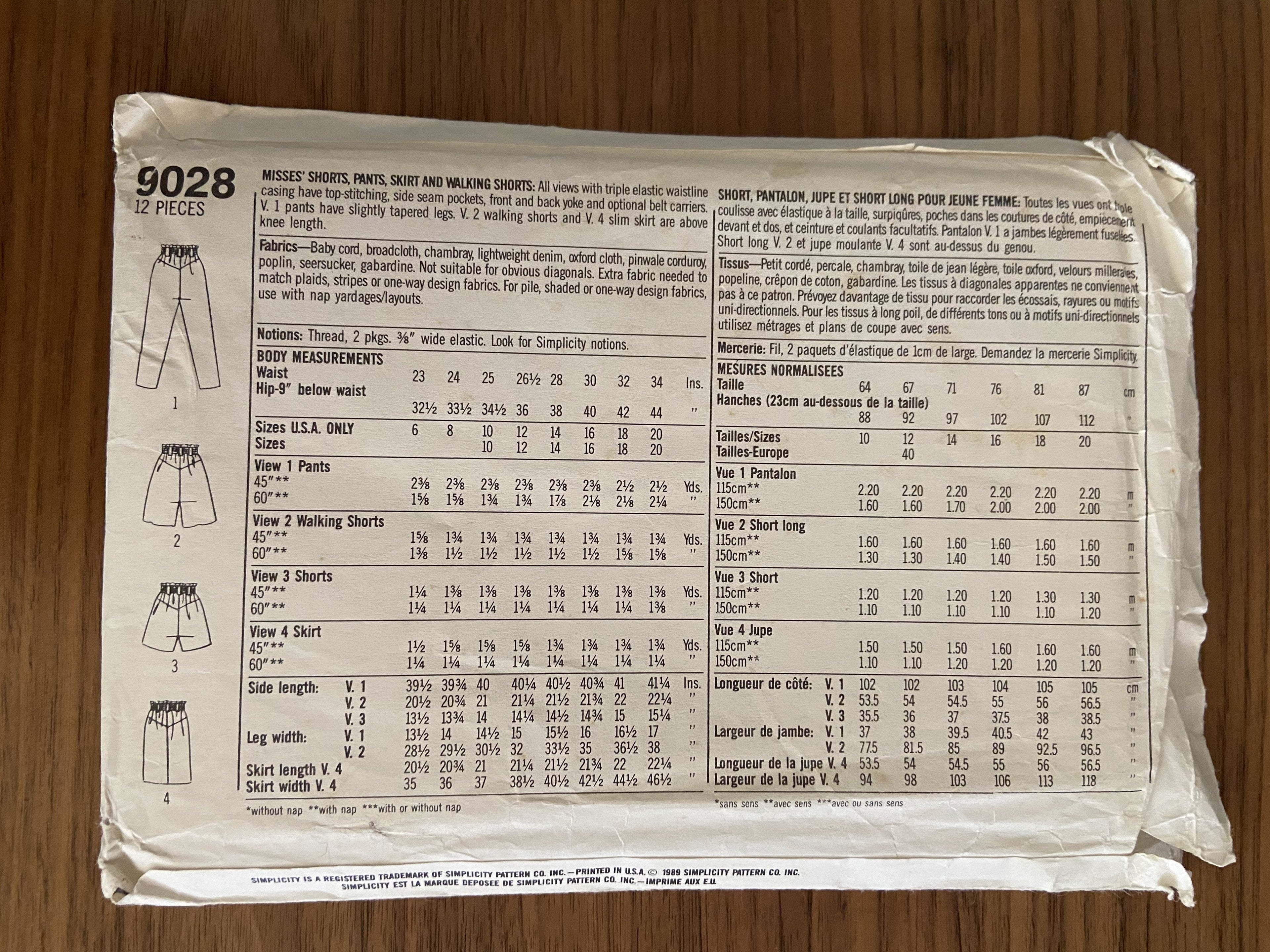 Simplicity 9028 vintage 1980s skirt, pants and shorts sewing pattern