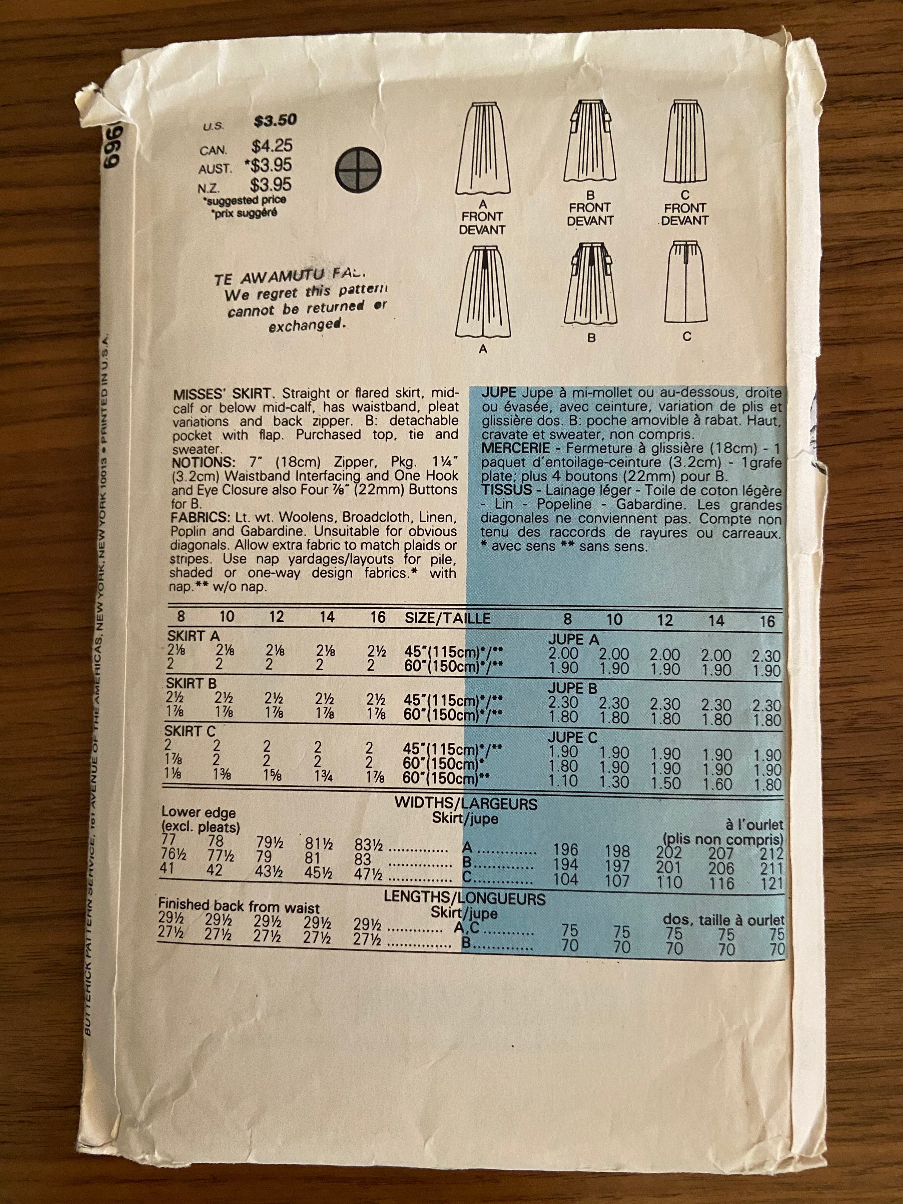 Butterick 6960 vintage 1980s skirt sewing pattern