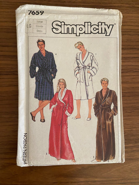 Simplicity 7659 vintage 1980s unisex robe sewing pattern Chest 38-40 inches
