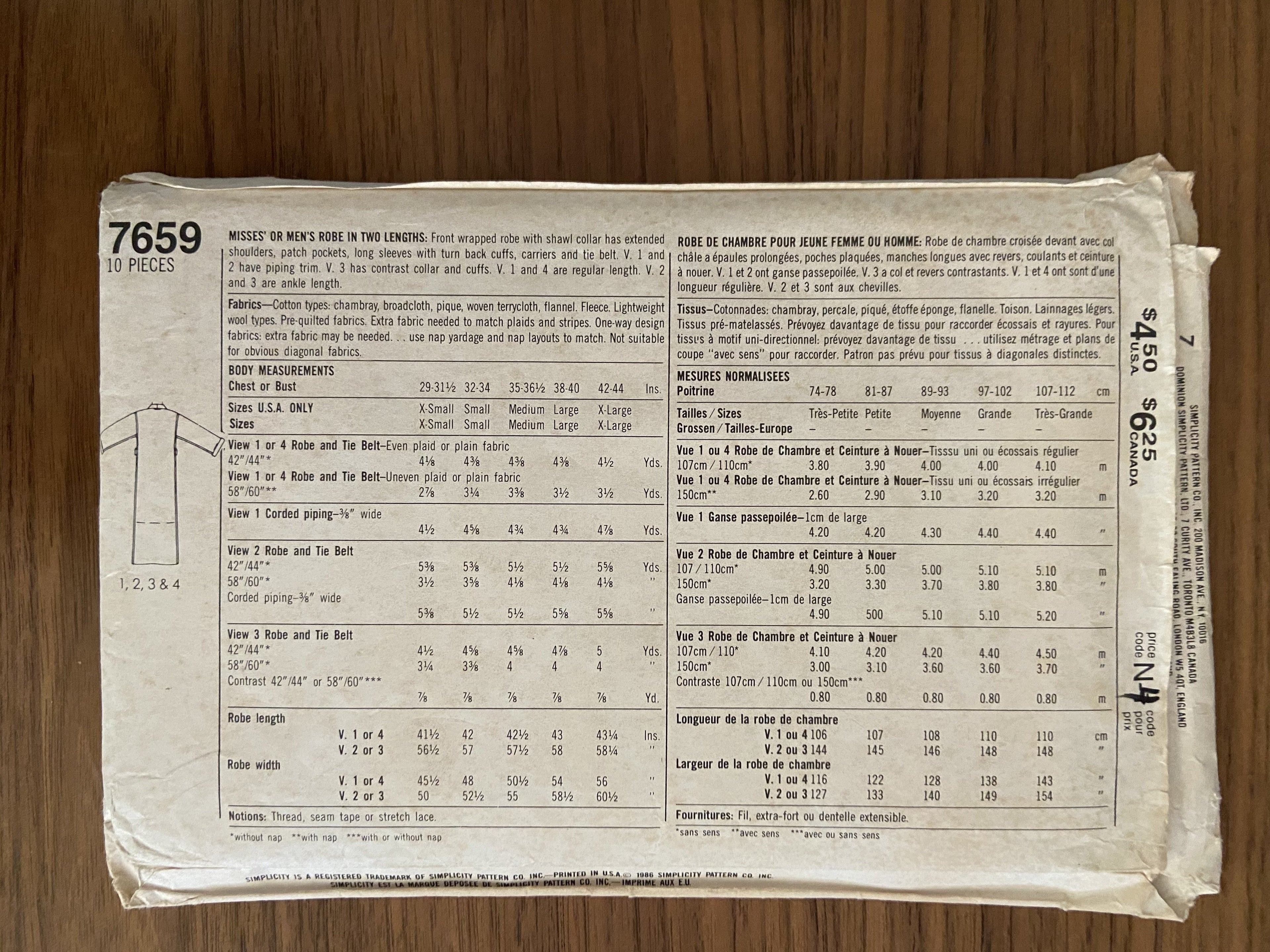 Simplicity 7659 vintage 1980s unisex robe sewing pattern Chest 38-40 inches