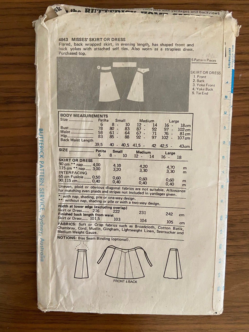 Butterick 4843 vintage 1970s wrap skirt and strapless dress pattern