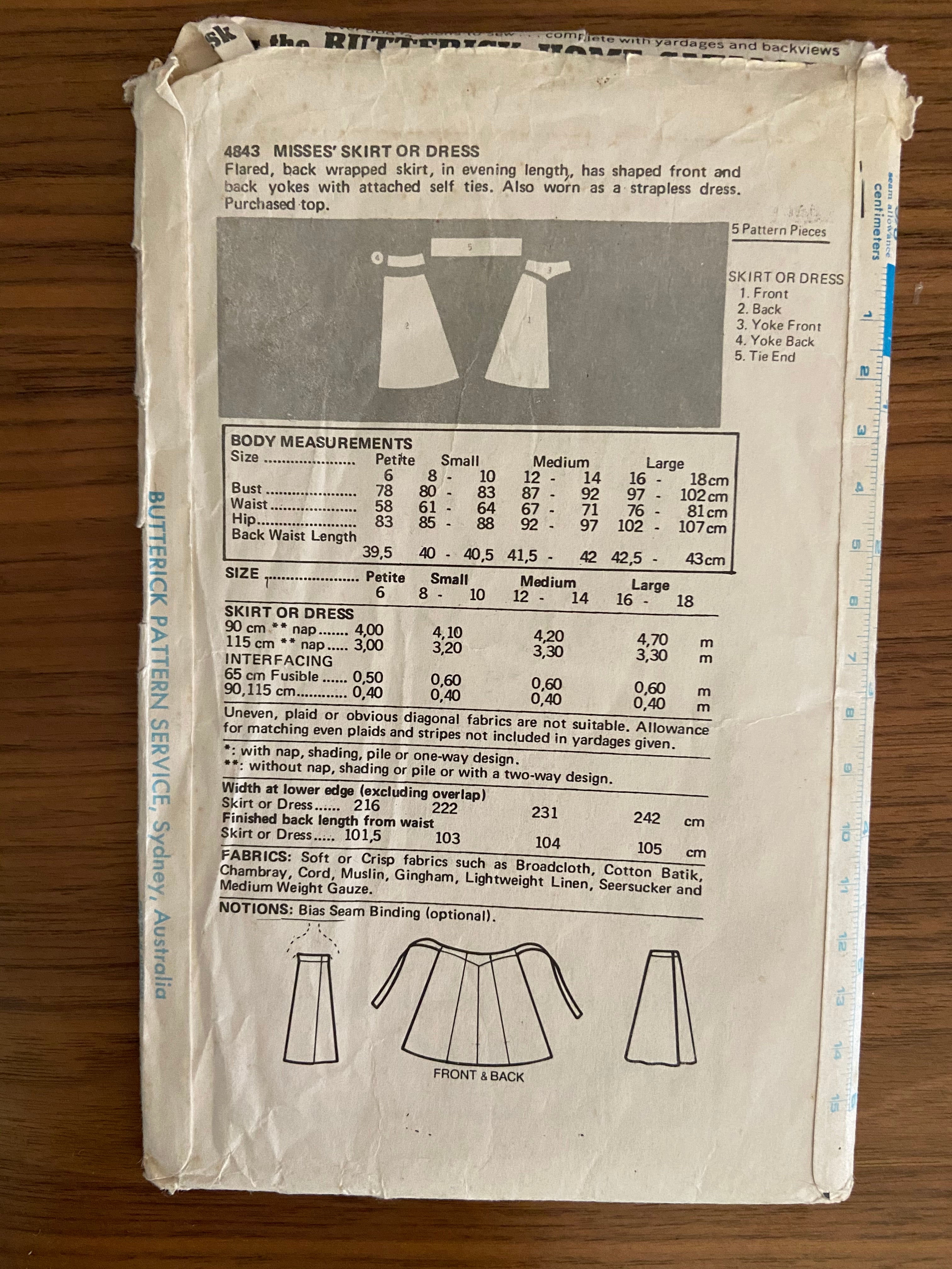 Butterick 4843 vintage 1970s wrap skirt and strapless dress pattern